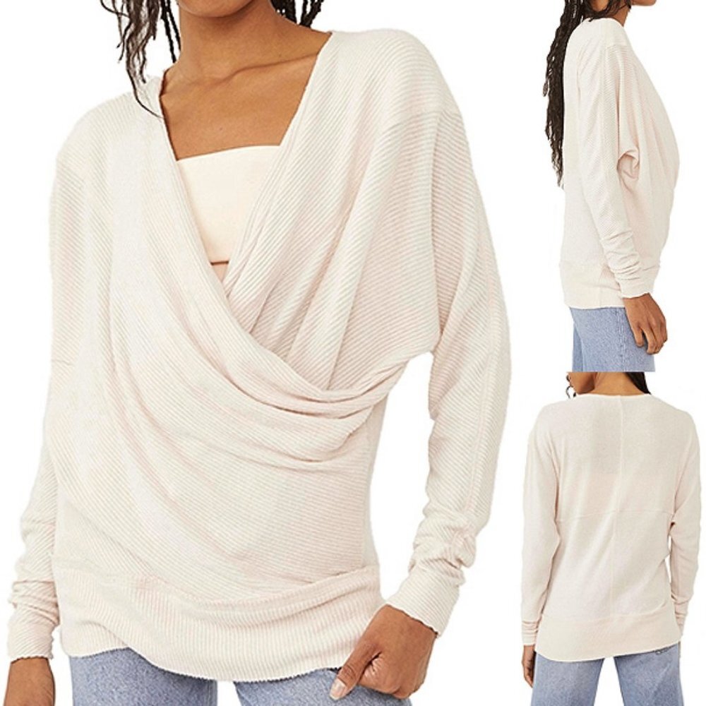 NEW Free People Cozy With You Wrap Drape Front Super Soft Ribbed Knit Sweater S